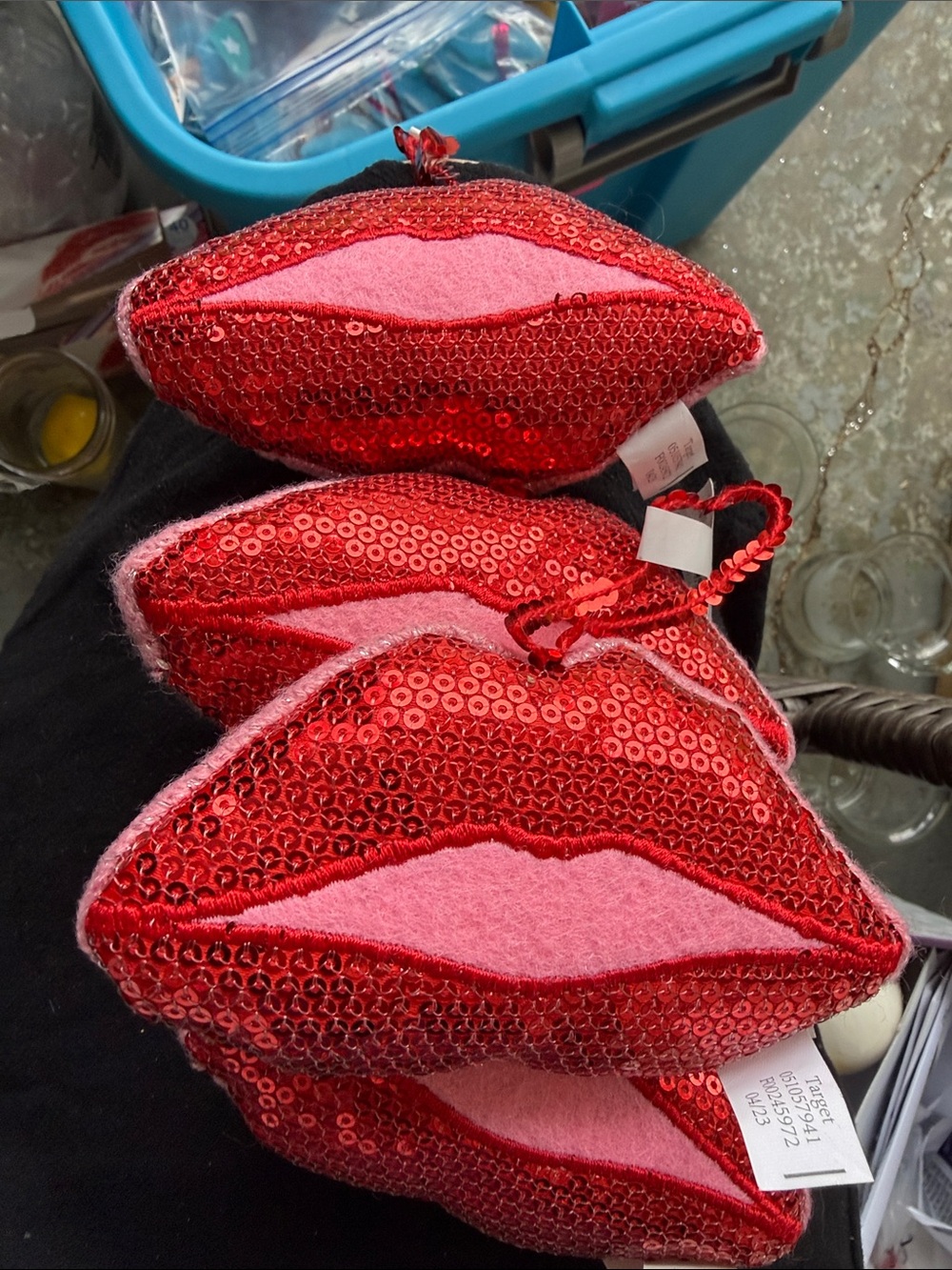 NWT Sequin Red Lip Ornament set of 4